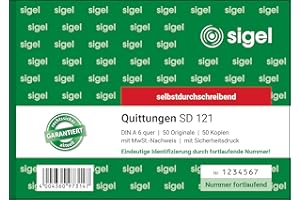 ‎SIGEL SIGEL SD121 Quittungsblock fortlaufend nummeriert, eindeutige 7stellige Nummer, A6 quer, 2x50 Blatt, selbstdurchschreibend, aus nachhaltigem Papier