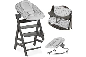 Hauck Seggiolone Alpha Plus Set Premium - Seggiolone Legno Evolutivo da 0 Mesi Sedia Bambini con Sdraietta Dondolo Neonati Reclinabile e Cuscino - Carbone, Grigio