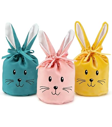 3 Sacchetti Regalo Pasquali In Velluto – 23x15 Cm, Con Orecchie Da Coniglio E Chiusura A Coulisse, Per Caramelle E Uova