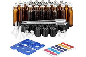 ComSaf Botellas de vidrio con rodillo de aceite esencial, juego de 24, botellas de vidrio amber de 10 ml con bolas de rodillo de acero inoxidable, kits de contenedores de aceite esencial