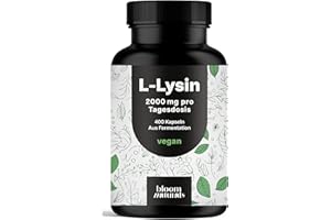 ‎BLOOM NATURALS BEAUTY SUPPLEMENTS L-Lysin hochdosiert - 400 Kapseln mit 2000mg pures L Lysin pro Tagesportion. Aus pflanzlicher Fermentation - Kapseln - Vegan und produziert in Deutschland - Verpackung kann variieren Laborgeprüft