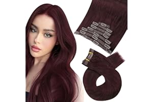 ‎MORESOO Moresoo Clip Extensions Echthaar Weinrot Haarextension Echthaar Clips Remy Clip in Extensions Echthaar Weinrot #99J Voller Kopf 120g 40 cm Glatt Dicke Haare 7 Tressen Doppelt Tressen