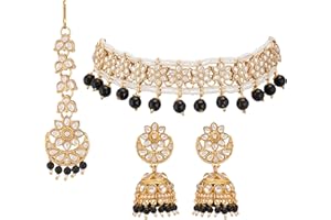 Jwellmart Gold Plated Faux Kundan Pearl Bridal Wedding Choker Necklace Earrings Tika Combo Set Bollywood Party Traditional Fashion Indian Jewelry Jewellery Set for Women