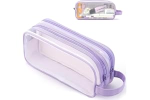 MAMUNU Clear Pencil Case for Exams, Large Capacity Transparent Mesh Pencil Case with 2 Compartments Zipper, Big Pen Pouch Bag Stationery Storage Organizer for School College Home Office Travel (Purple)