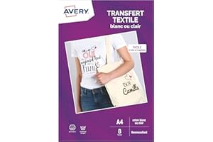 Avery Transferts Personnalisables pour Textiles Blancs ou Clairs A4 Impression Jet d'Encre - Pochette de 8 Feuilles
