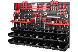 PAFEN Workshop Shelf Storage System - 1152 x 780 mm - Wall Shelf with Black Stacking Boxes, Red Tool Holder - Shed Shelf Wall Plates Extra Strong