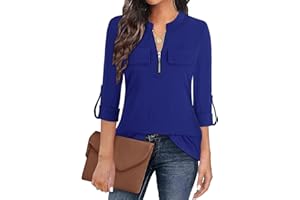 Gemulate Womens Tops 3/4 Sleeve Tops for Women Polo Top Floral Printed Shirts with Zip Up V Neck Tunic Blouse Basic Tops
