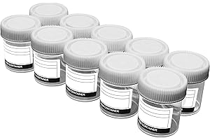 RE-GEN - 10 recipientes desechables de plástico transperante de 60 ml para muestras líquidas, tapas de rosca seguras, marcadores de etiqueta de identificación transparentes