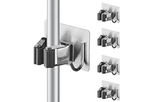 Cokshy Appendi Scopa da Muro, 4 Pezzi Porta Scope Parete in Acciaio Inossidabile Portascope da Muro Adesivo Appendibile Senza Perforazione con Ganci per Cucina Bagno Ripostiglio Giardino (Grigio)