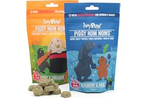 HayPigs Piggy Nom Noms Variety 2 x 70g Natural Guinea Pig Treats with Guinea Pig Vitamin C - Perfect for Rabbit Treats with 1 x Blueberry and Basil and 1 x Carrot & Coriander