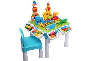 burgkidz Juego de Mesa Actividades Construccion Múltiples 5 en 1, Mesa y Silla Infantil con Bloques de Construcción Grandes de 128 Piezas, Juegos de Construcción para Niños, Azul