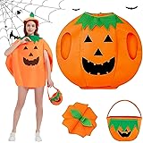 LIVESTN Costume da Zucca di Halloween, Costume da Zucca per Adulto Con Cappello di Zucca Borse di Zucca per Ragazzi e Ragazze