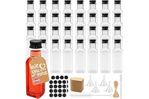 Mispudin 32 Mini Bouteille Plastique 50ml, Petite Bouteille de Liqueur Carrées, Réutilisables Bouteilles Miniatures Vide pour Mariages, Fêtes - Etiquette, Entonnoir inclus