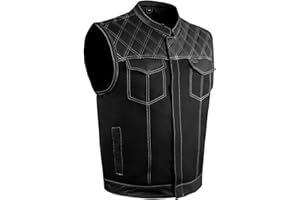 Dream Apparel Men's SOA Denim & Leather Motorcycle Vest for Riding w/ 2 Concealed Carry Pockets, Biker Vest Black Club Vest