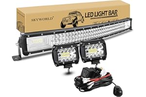 SKYWORLD 80 cm 32" 405W Barre Led Incurvé avec 2pcs 10 cm 60W Phare de Travail et faisceau de câblage kit rampe de phare led pour 4x4 Offroad Voiture Véhicule Camion Tracteur Quad Bateau