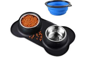 Bonve Pet 2x400ML Gamelle Chien Chat Double Inoxydable Bol en Acier Inoxydable Base Antidérapante Anti-débordement Anti-déversant Tapis en Silicone