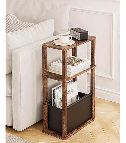 VASAGLE – Slanke Bijzettafel Met Oplaadfunctie – Stopcontact En USB – 3 Planken Tijdschriftenhouder Vintage Bruin Zwart Let335k02