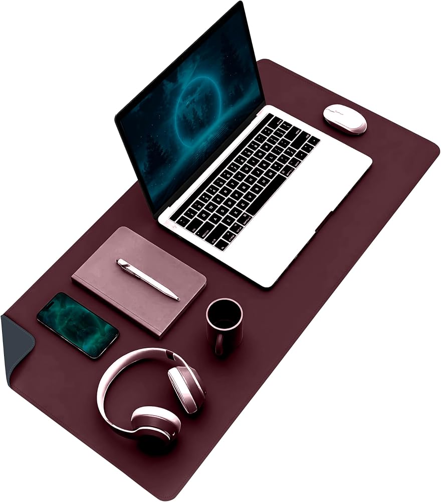 Klasse Çift Renk Dikişli PU Deri Masa Matı 80x40 Cm Mousepad, Su Geçirmez Masa Sümeni, Çift Taraflı Kullanım, Dizüstü Bilgisayar/Ofis/Ev için, Kaymaz Taban (Bordo Ve İndigo Mavisi)