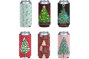 Jeiento Christmas Tree Neoprene Slim Can Coozies 12-16 Oz Slim Can Koozies, Sunflower Can Cooler, Set of 6 Tall Slim Resuable Can Holder Sleeve Beer Sleeve