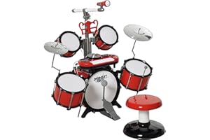HOMCOM Set Batteria per Bambini con Strumenti Musicali, Batteria Jazz con 5 Tamburi e Sgabello, Giocattolo Musicale Educativo per Bambini, Effetti Sonori e Microfono Giocattolo, 77.5x40x76.5cm, Rosso