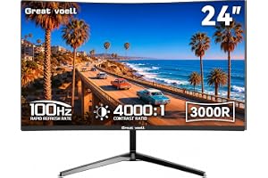 Great voell 24 Inch Curved Monitor, 3000R VA PC Screen, 100Hz FHD 1080P | 98% sRGB, HDR10, 4000:1 contrast, FreeSync, HDMI/VGA and 75×75mm VESA for home office, study and casual gaming