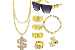 DONGZQAN 8Pcs Hip Hop Party Decorations, Fake Gold Chain, Gold Chain Dollar, 90s Fancy Dress Men, Hip Hop Costume, Hip Hop Ring, Hippie Glasses for Hippie Rapper Disco Outfit