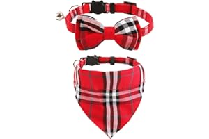 UYRVAPE 2pcs Katzenhalsbänder mit Glocken Abnehmbare Fliege Bandana, Kätzchen Halsband Katze Bandana Hundefliege, Katzenhalsband mit Glöckchen, Kariertes Katzen halsbänder mit Schleife, Rot