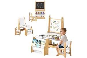 GOPLUS Table Enfant avec Chaise, Table à Dessin en Bois avec Tableau Noir/Blanc, Rouleau de Papier, Gomme, Craies, Gobelets de Peinture, Bureau Enfant en Bois avec Étagère (Naturel)