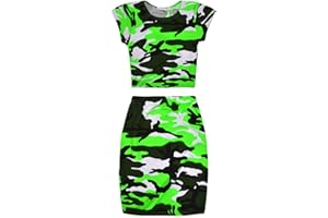 jolly rascals Girls Neon Skirt and Crop Top Set Viscose Crew Neck - Short Sleeves - Machine Washable - Camouflage - Summer