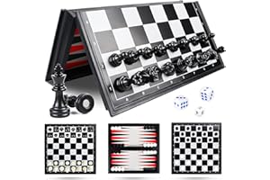 JOGNEE Magnetyczna szachownica magnetyczna, szachy podróżne, magnetyczne szachy, szachy magnetyczne, szachy, szachy / backgammon, zestaw 3 w 1, przenośna, składana, podróżna szachownica dla dzieci