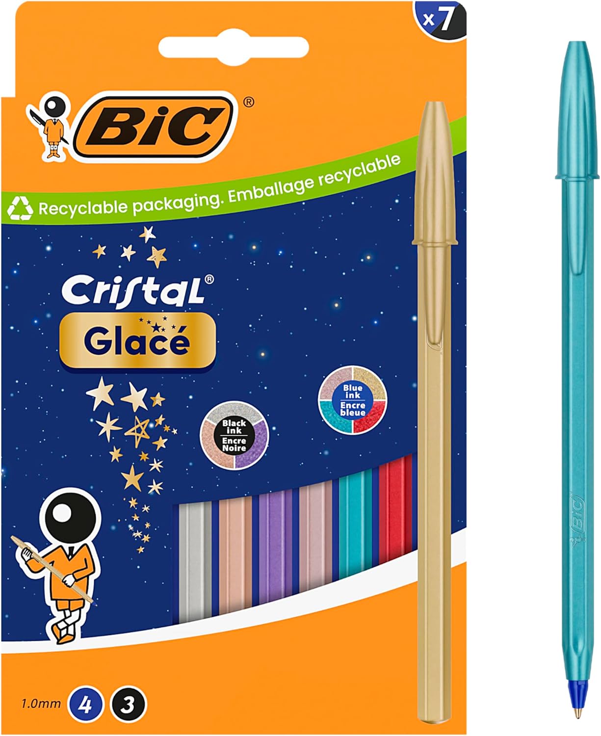 BIC Cristal Glacé Bolígrafos de Punta Media (1,00 mm) con Recambios de Tinta Recargables - 4 con Tinta Azul, 3 con Tinta Negra, Caja de 7