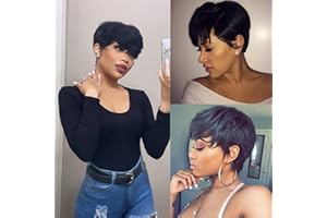 Fereowth Perruque Courte short Pixie Human Hair Wig with Bangs Perruque De Cheveux Humains lisse Brésilienne Cheveux avec Frange Naturelle Perruques pour Femmes (Noir)