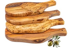 Erreke Tabla Madera Cocina, Tabla para Quesos y Aperitivos, Tabla Madera Aperitivos, Set de 4 Pequeñas Tablas de Servir Hechas a Mano en Madera de Olivo Natural, Tapas, Pan, Embutidos (28x13 cm)