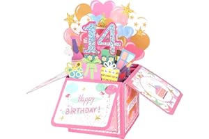 LASUROA 14th Happy Birthday Biglietto Pop-up, Biglietto Pop-up 3D Lucido con Busta Cartolina Decorazione Divertente per Compleanno con Benedizioni da Mamma Papà per Ragazza