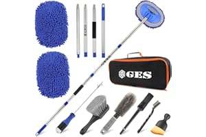 GES Balai de lavage de voiture avec manche long, brosse 62 pouces télescopique, ensemble microfibre 2 en 1 avec étui
