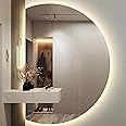 Smart Half Circle Mirror, Large Defogging Makeup Wall Mounted Mirror, LED Backlit Bathroom Half Moon Mirror, Decorative Mirror 3-Color Light Dimmable for Bathroom Living Room Bedroom (84*120cm)