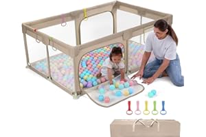 Dripex Parc Bébé en Tissu de Lin avec Maille Respirante, 5 Anneaux, 120 x 180 cm - Marron