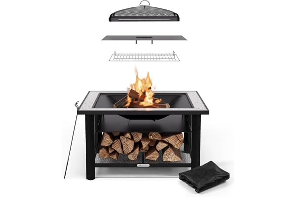 Blumfeldt Merano Avanzato Brasero Exterieur - 3-en-1 Brasero, Barbecue & Table, Plateau en Terrazzo, Cadre en Acier Robuste, Pare-Étincelles, Grille & Tisonnier Inclus, Idéal pour Jardin & Terrasse