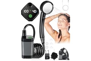 fezori Portable Shower, Camping Shower Pump with Rechargeable 6000mAh Battery and Sinking Bottom Design, Outdoor Shower IPX7 Waterproof with Temperature Display for Camp, Car Washing, Pet Bath (Grey)