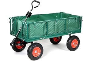 PANANA Heavy Duty 700kg Green Garden Trolley, Mesh Cart Wagon Dump Wheelbarrow Tipper Truck Pull Trolley, L125.5xW61.5cm