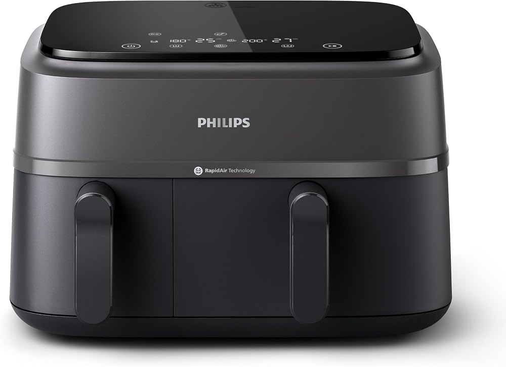 Philips Çift Hazneli Airfryer 3000 Serisi, 9L, 2 Hazneli Air fryer, Rapid Air Teknolojisi, Aileniz için Çok Yönlü Geniş Airfryer,%90 Daha Az Yağ, Enerji Tasarrufu, HomeID Uygulaması (NA350/00)