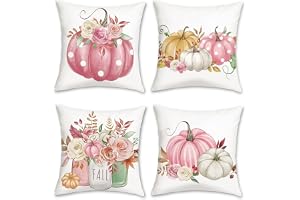 COZZSNUGE Höst pumpa örngott 45 x 45 cm, rosa pumpor blommor sammetslen dekorativa kuddfodral prydnadskudde för soffa vardagsrum hem set om 4