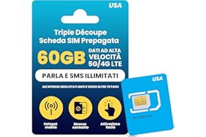 JZN MARKET H2O Wireless Scheda SIM Fisica Prepagata USA da 30 Giorni con 60GB di Dati 4G LTE/5G ad Alta Velocità e 5GB per Hotspot, Dati, Chiamate e SMS Illimitati verso 70+ Paesi, SIM USA per Telefoni Cellulari