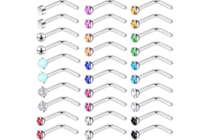 FUYOAL 30 Pieces Stainless Steel Nose Studs,20 Gauge L Shaped Nose Ring Labret Tragus Earring Piercing Bars Set Unisex Gift for Women Men,15 Colors