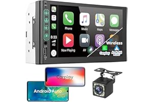 EFILERUP Radio Coche de Doble DIN con Apple CarPlay inalámbrico y Android Auto - Estéreo de automóvil con Pantalla táctil de 7", cámara de Respaldo de 12 LED, Mirror Link, USB/AUX/TF/FM (inalámbrico CarPlay)
