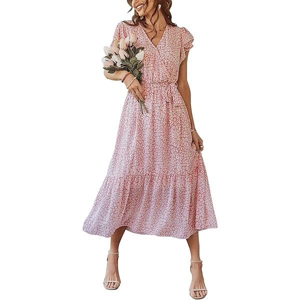 PLOKNRD Vrouwen Zomerjurk V-Hals Ruches Mouwen Damesjurk Elastische Taille Loose Swing Casual Jurk met Zakken Knielengte(Boho Rode Bloemen,S