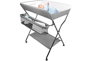 OHMG Baby Wickelkombi Klappbare Wickelkommode,Wickeltisch mit Rollen,Mobiler Wickeltisch mit Wickelauflage,Sicherheitsgurt und Ablagefächern,Wasserdicht und Höhenverstellbar,Stabil