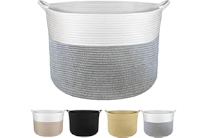 Tking Woven Storage Basket 55cm x 35cm Cotton Rope Basket 83L Extra Large Blanket Basket Laundry Baskets for Clothes Bedding Toy Baby Storage Organiser Living Room Nursery Laundry Hamper Grey/White