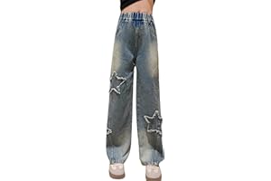 Happy Cherry Filles Jeans Jambe Large Mode Décontracté Déchiré Jean Taille Haute Élastique Denim Pantalon Large avec Poches pour Enfants 5-15 Ans