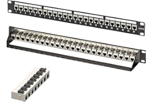 OVERPASSING Network Patch Panel,1U 24 Port Patch Panel and Cat6 RJ45 Shielded Keystone Coupler, 19" Rackmount or Wall Mount Patch Panel with Back Bar, for Gigabit Network Switch (Shielded Pass-Through Module)